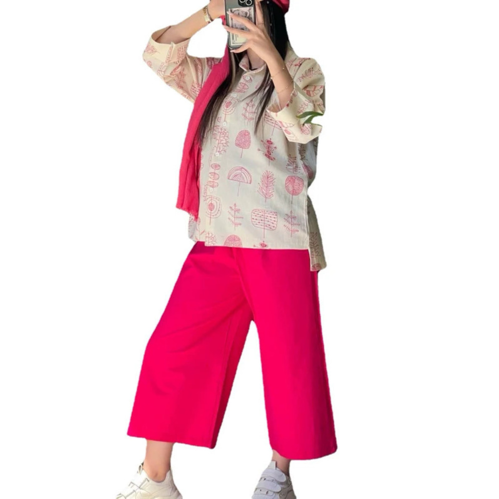 Trendy Plus Size Cotton Linen Floral Print Shirt and Capri Pants 2 Piece Set